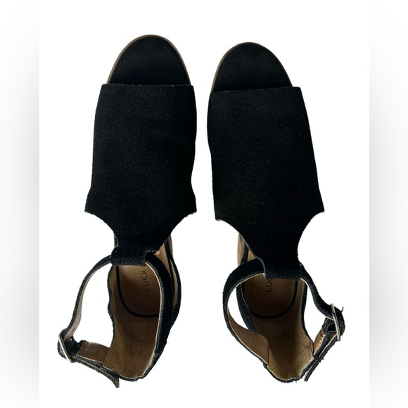 LUCKY BRAND WOMENS 8M BLACK SUEDE HEEL OPEN TOE - Picture 3 of 9